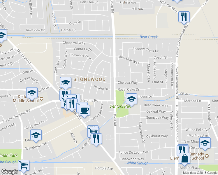 map of restaurants, bars, coffee shops, grocery stores, and more near 1603 Navajo Drive in Stockton