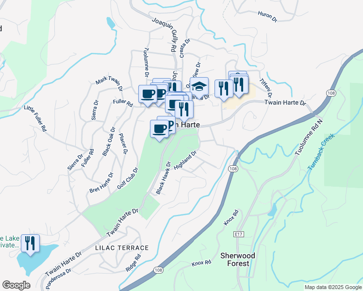 map of restaurants, bars, coffee shops, grocery stores, and more near 22855 Black Hawk Drive in Twain Harte