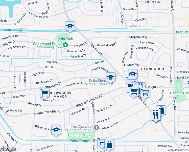 map of restaurants, bars, coffee shops, grocery stores, and more near 2415 Stanfield Drive in Stockton