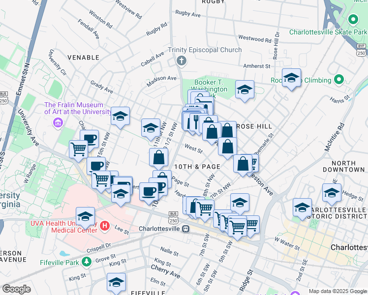 map of restaurants, bars, coffee shops, grocery stores, and more near 927 West Street in Charlottesville