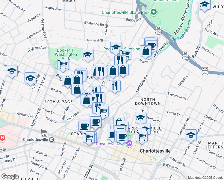 map of restaurants, bars, coffee shops, grocery stores, and more near 800-806 Harris Street in Charlottesville