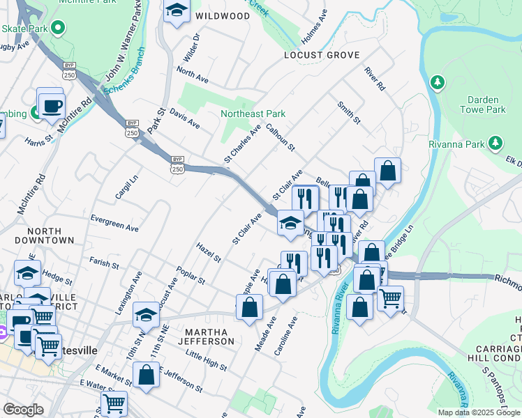 map of restaurants, bars, coffee shops, grocery stores, and more near 1016 Long Street in Charlottesville
