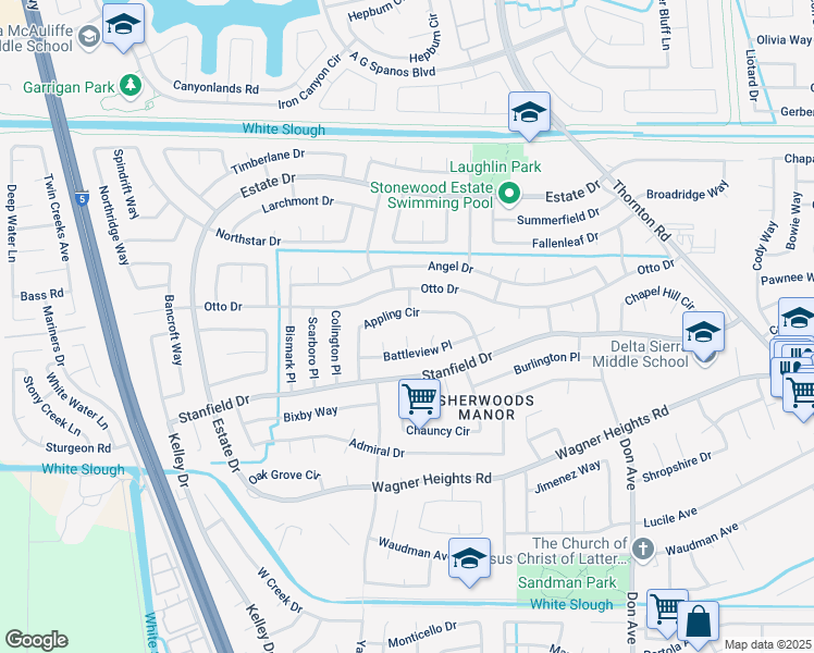 map of restaurants, bars, coffee shops, grocery stores, and more near 9552 Battleview Court in Stockton
