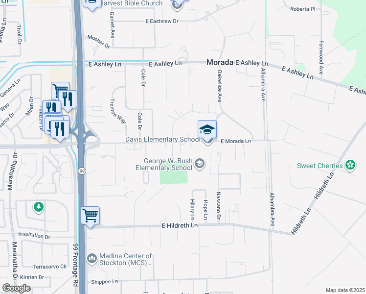 map of restaurants, bars, coffee shops, grocery stores, and more near 5050 East Morada Lane in Stockton