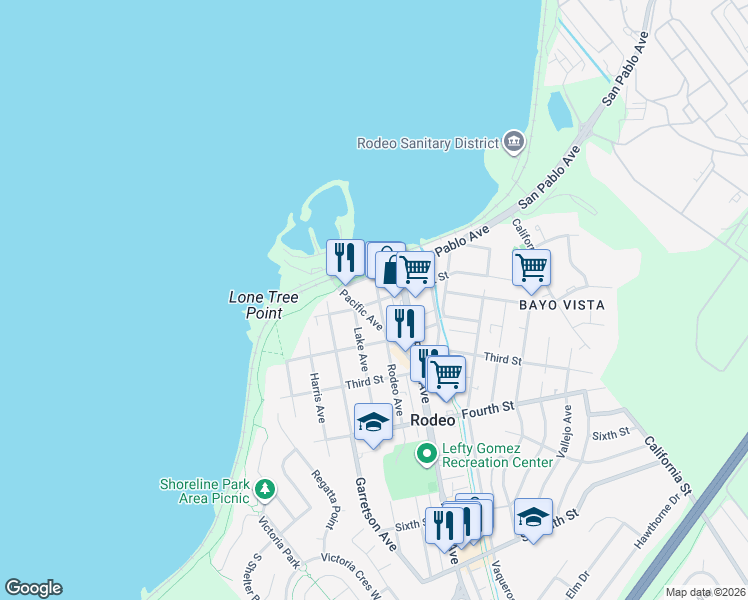 map of restaurants, bars, coffee shops, grocery stores, and more near 440 First Street in Rodeo