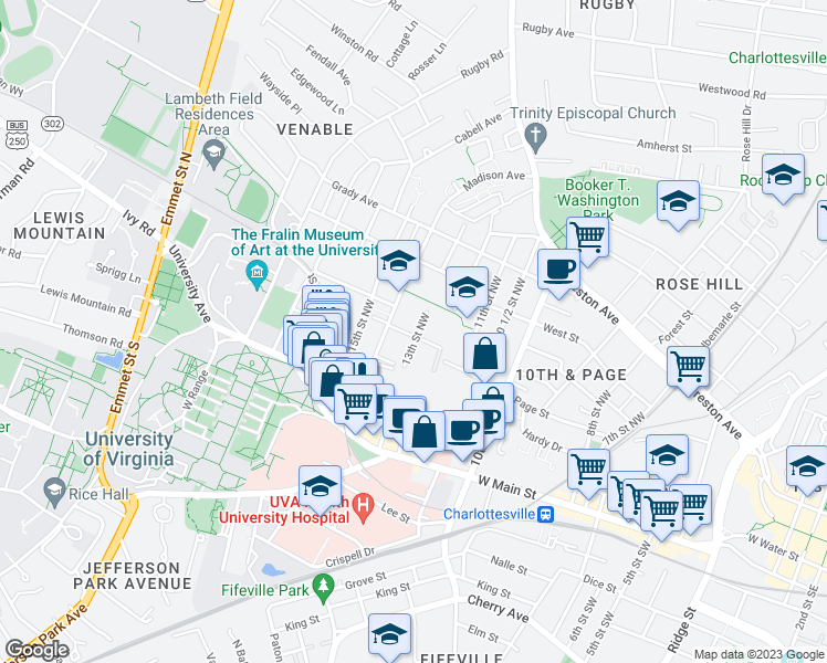 map of restaurants, bars, coffee shops, grocery stores, and more near 1305 John Street in Charlottesville