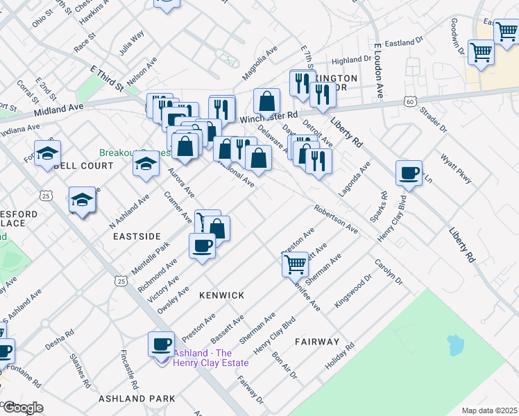 map of restaurants, bars, coffee shops, grocery stores, and more near 109 Marne Avenue in Lexington