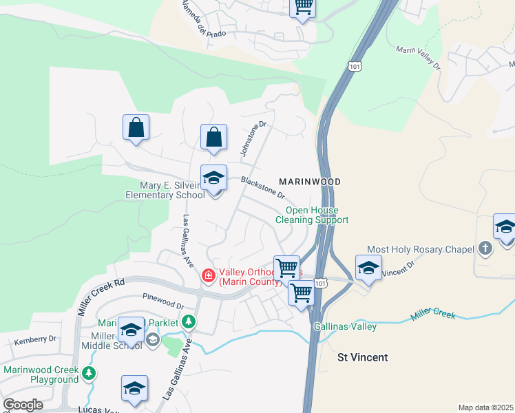 map of restaurants, bars, coffee shops, grocery stores, and more near 263 Cobblestone Drive in San Rafael