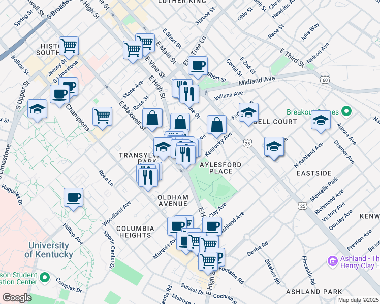 map of restaurants, bars, coffee shops, grocery stores, and more near 176 Woodland Avenue in Lexington