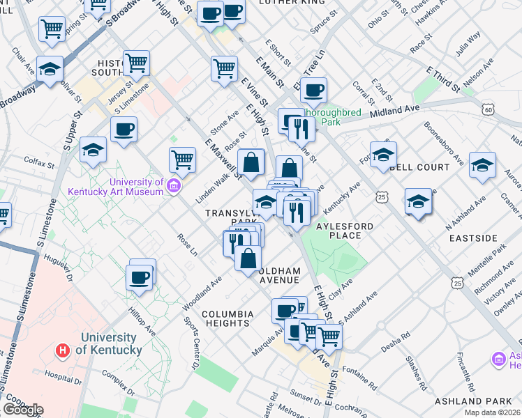 map of restaurants, bars, coffee shops, grocery stores, and more near 454 East Maxwell Street in Lexington