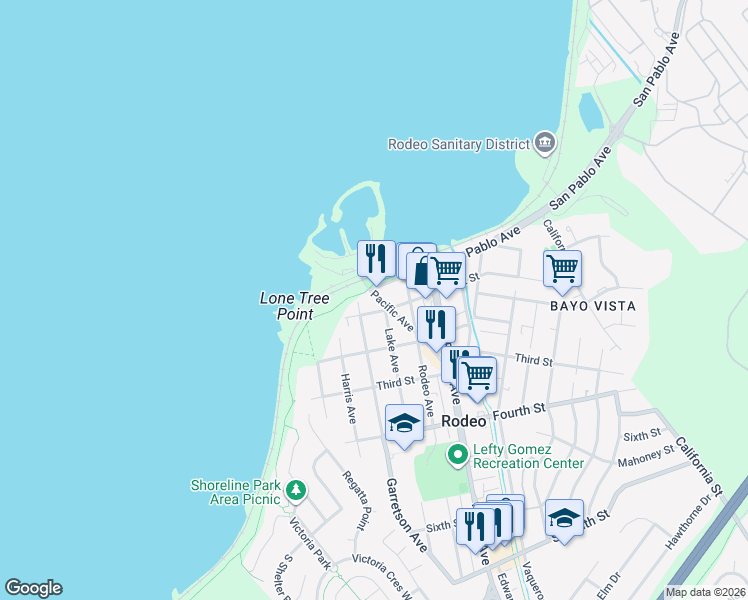 map of restaurants, bars, coffee shops, grocery stores, and more near 18 Pacific Avenue in Rodeo