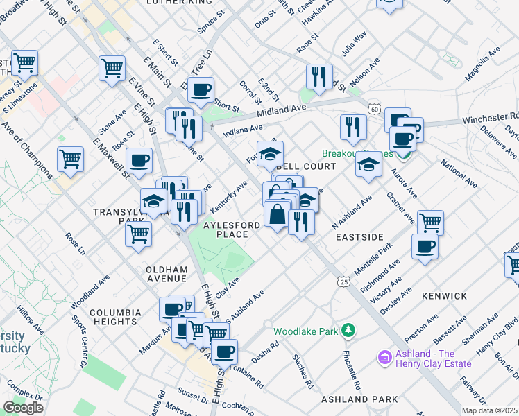 map of restaurants, bars, coffee shops, grocery stores, and more near 122 Old Park Avenue in Lexington