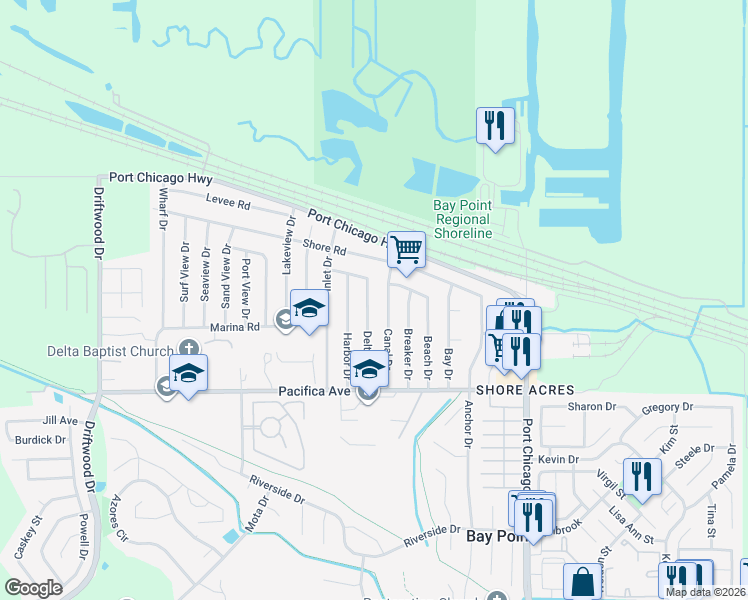 map of restaurants, bars, coffee shops, grocery stores, and more near 35 Canal Drive in Bay Point
