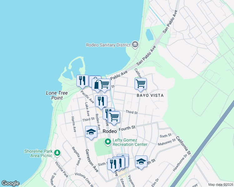 map of restaurants, bars, coffee shops, grocery stores, and more near 122 Railroad Avenue in Rodeo