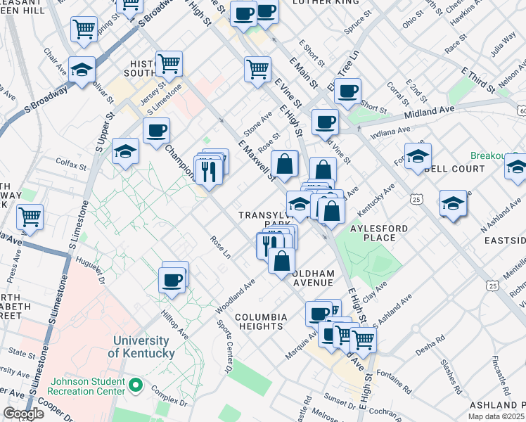 map of restaurants, bars, coffee shops, grocery stores, and more near 332 Aylesford Place in Lexington