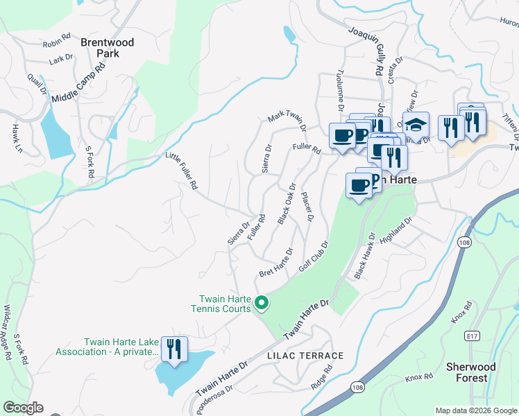 map of restaurants, bars, coffee shops, grocery stores, and more near 22846-22848 Fuller Road in Twain Harte