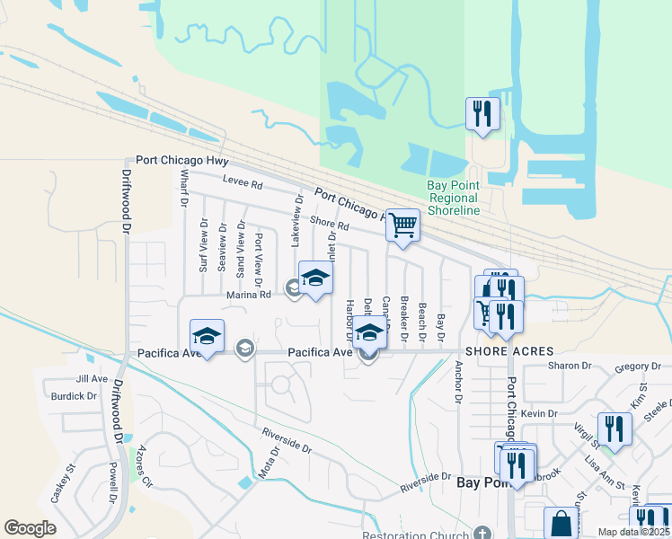 map of restaurants, bars, coffee shops, grocery stores, and more near 32 Inlet Drive in Bay Point