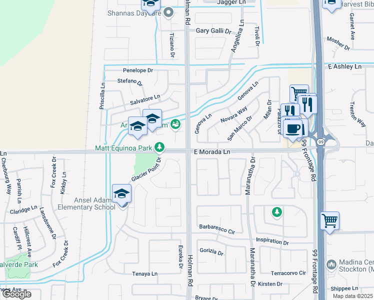 map of restaurants, bars, coffee shops, grocery stores, and more near Holman Road & East Morada Lane in Stockton