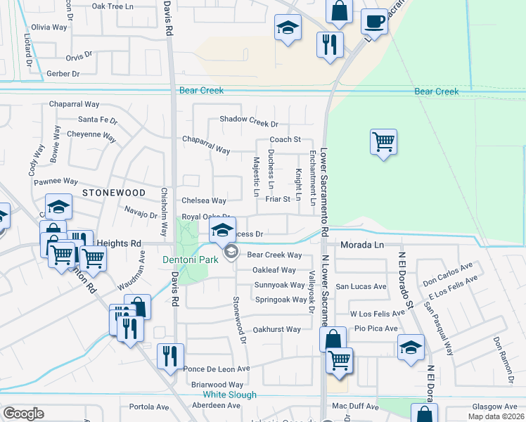 map of restaurants, bars, coffee shops, grocery stores, and more near 1111 Royal Oaks Drive in Stockton
