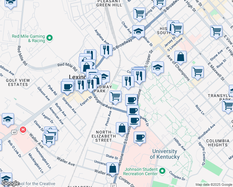 map of restaurants, bars, coffee shops, grocery stores, and more near 633 Maxwelton Court in Lexington