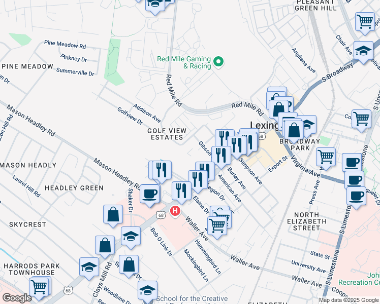 map of restaurants, bars, coffee shops, grocery stores, and more near 1301 Duncan Avenue in Lexington