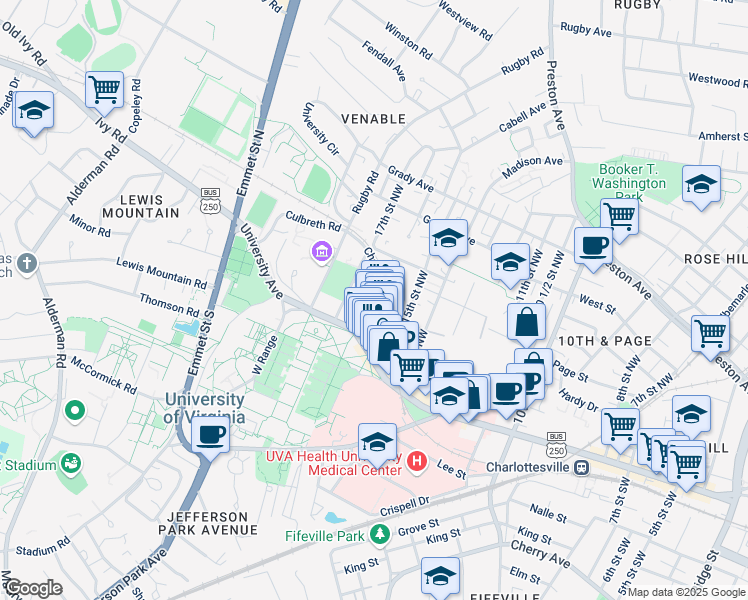 map of restaurants, bars, coffee shops, grocery stores, and more near 132 Chancellor Street in Charlottesville