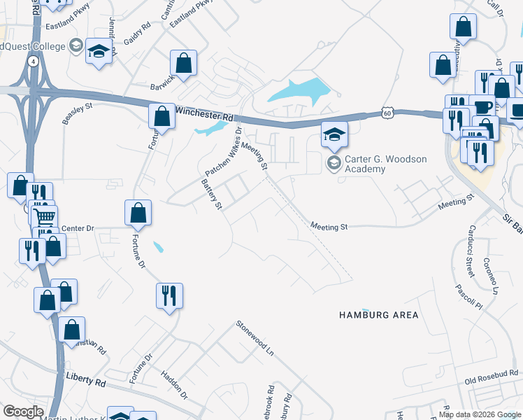 map of restaurants, bars, coffee shops, grocery stores, and more near 1613 Vendue Row in Lexington