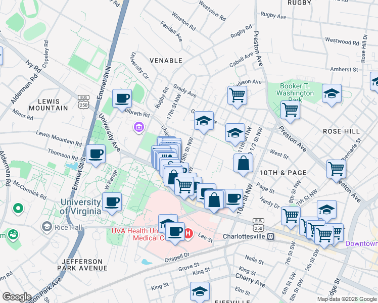 map of restaurants, bars, coffee shops, grocery stores, and more near 330 15th Street Northwest in Charlottesville