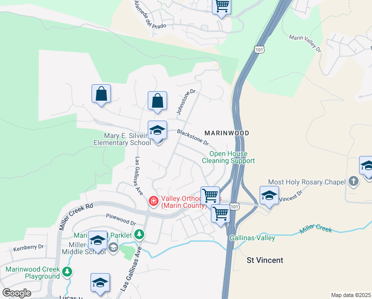 map of restaurants, bars, coffee shops, grocery stores, and more near 263 Cobblestone Drive in San Rafael