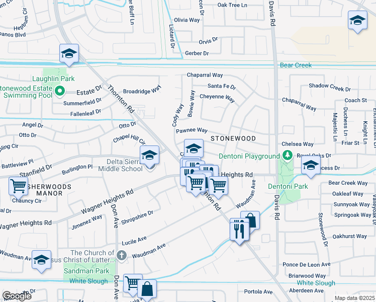 map of restaurants, bars, coffee shops, grocery stores, and more near 2039 Colt Drive in Stockton
