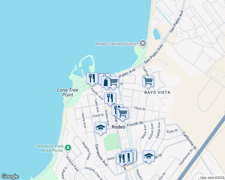 map of restaurants, bars, coffee shops, grocery stores, and more near 111 Parker Avenue in Rodeo