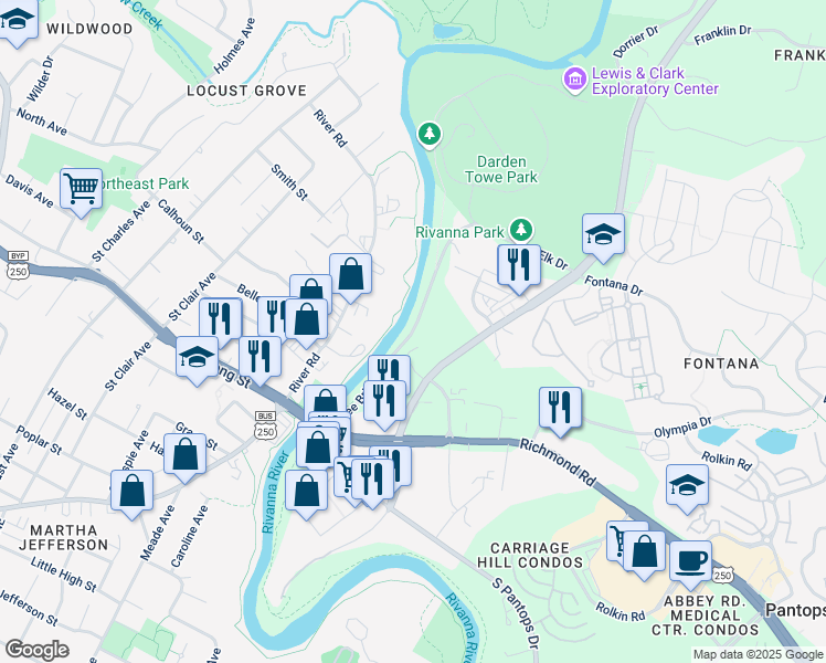 map of restaurants, bars, coffee shops, grocery stores, and more near 189 Free Bridge Ln in Charlottesville