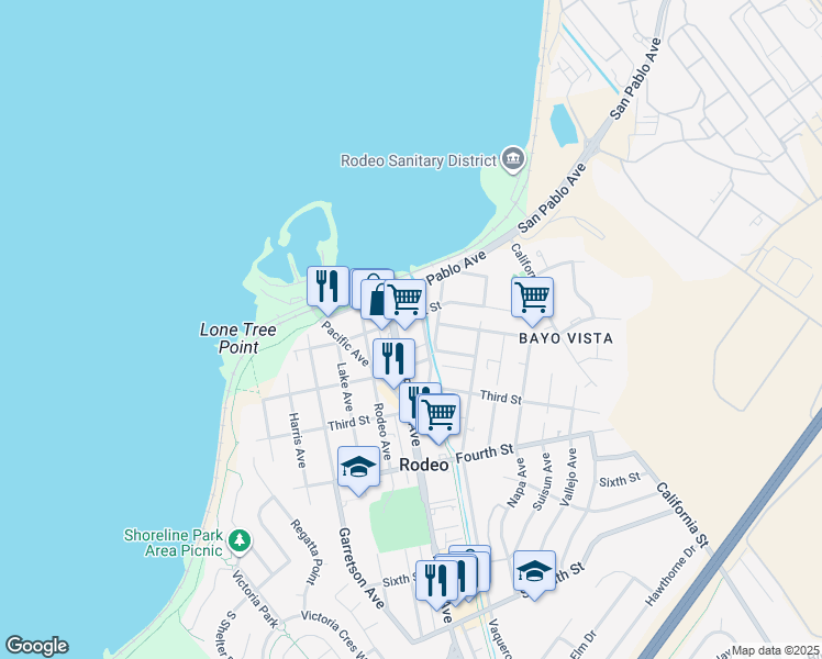 map of restaurants, bars, coffee shops, grocery stores, and more near 111 Parker Avenue in Rodeo