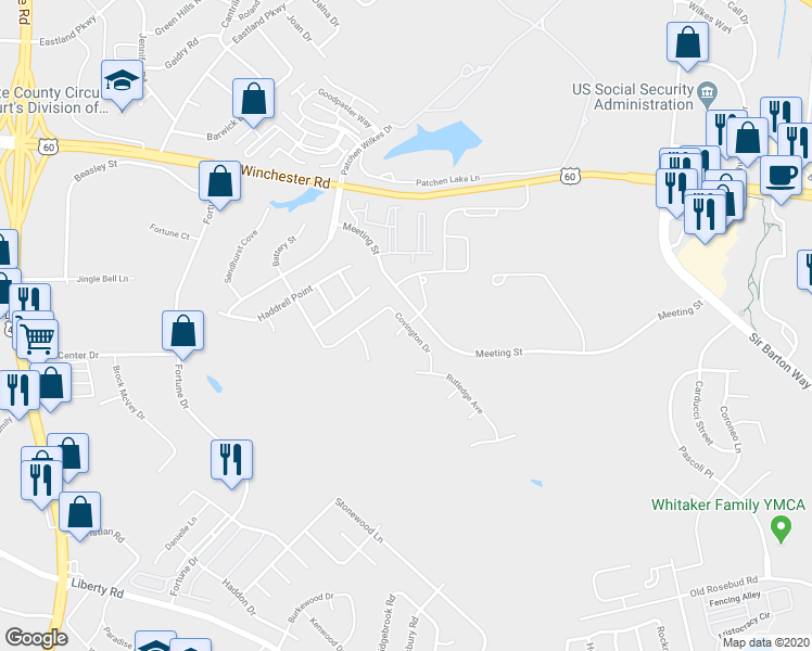 map of restaurants, bars, coffee shops, grocery stores, and more near Vendue Row in Lexington