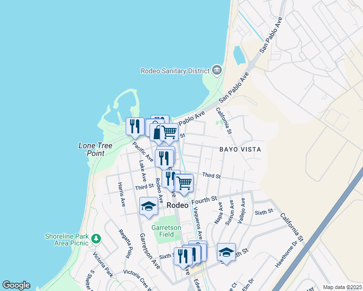map of restaurants, bars, coffee shops, grocery stores, and more near 122 Railroad Avenue in Rodeo