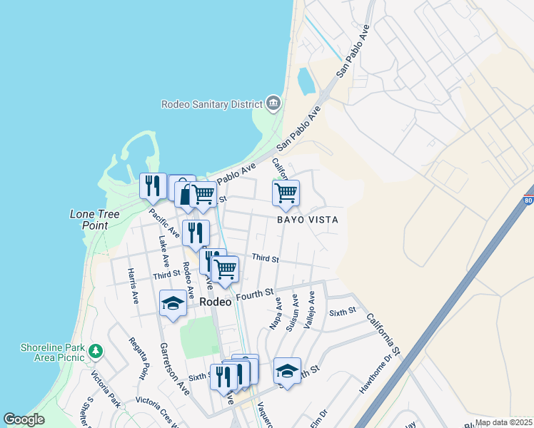 map of restaurants, bars, coffee shops, grocery stores, and more near 832 Mariposa Street in Rodeo
