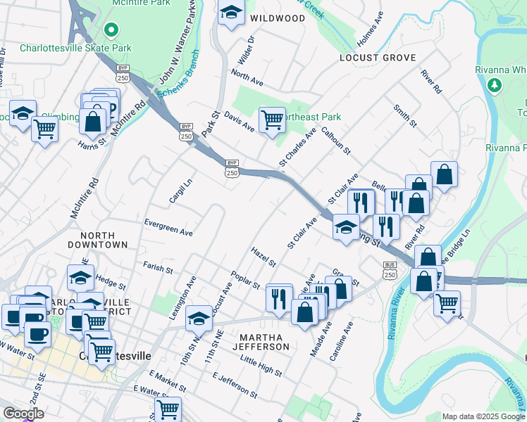 map of restaurants, bars, coffee shops, grocery stores, and more near 851 Locust Avenue in Charlottesville