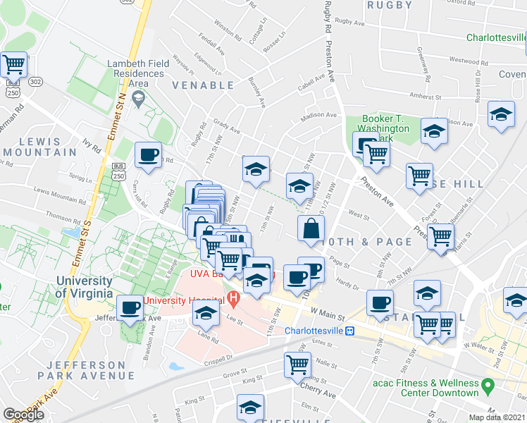 map of restaurants, bars, coffee shops, grocery stores, and more near 1307 John Street in Charlottesville