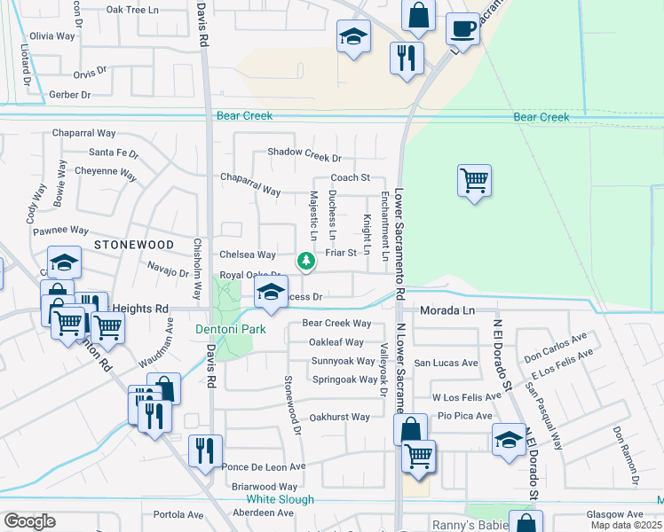 map of restaurants, bars, coffee shops, grocery stores, and more near 1111 Royal Oaks Drive in Stockton
