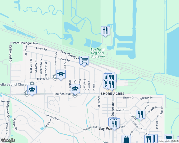 map of restaurants, bars, coffee shops, grocery stores, and more near Beach Drive in Bay Point
