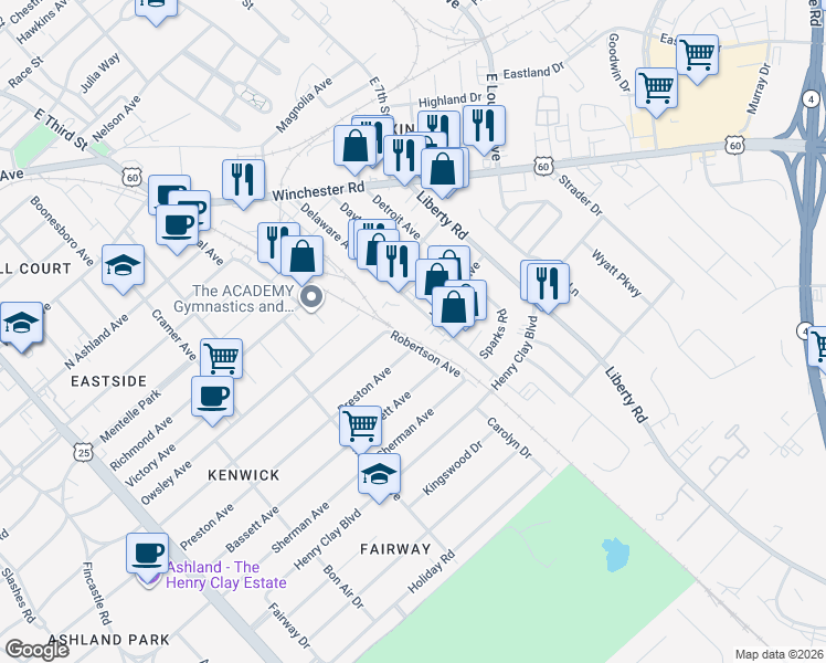 map of restaurants, bars, coffee shops, grocery stores, and more near 1050 Delaware Ave in Lexington