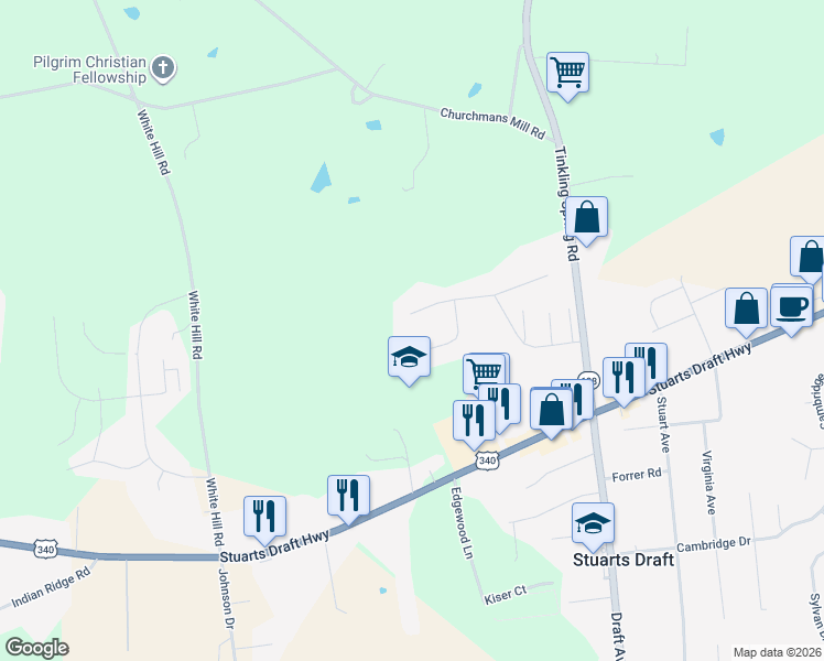 map of restaurants, bars, coffee shops, grocery stores, and more near 75 Windmill Lane in Stuarts Draft