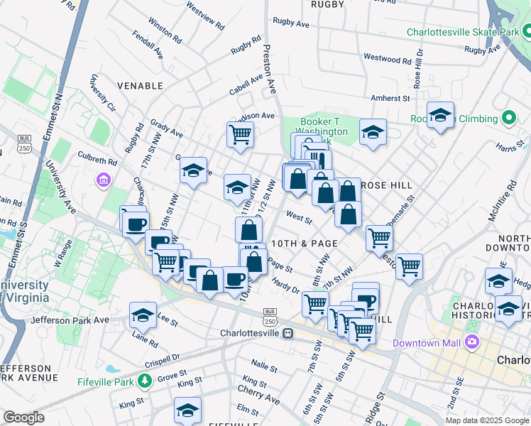 map of restaurants, bars, coffee shops, grocery stores, and more near 352 10 1/2 Street Northwest in Charlottesville