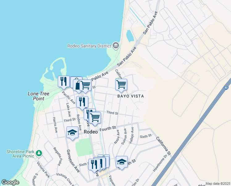 map of restaurants, bars, coffee shops, grocery stores, and more near 900 Mariposa St in Rodeo