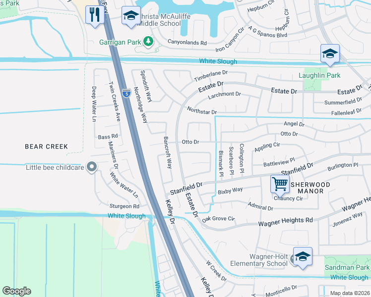 map of restaurants, bars, coffee shops, grocery stores, and more near 3920 Chatsworth Circle in Stockton