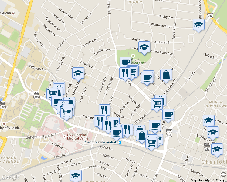 map of restaurants, bars, coffee shops, grocery stores, and more near 925 West Street in Charlottesville