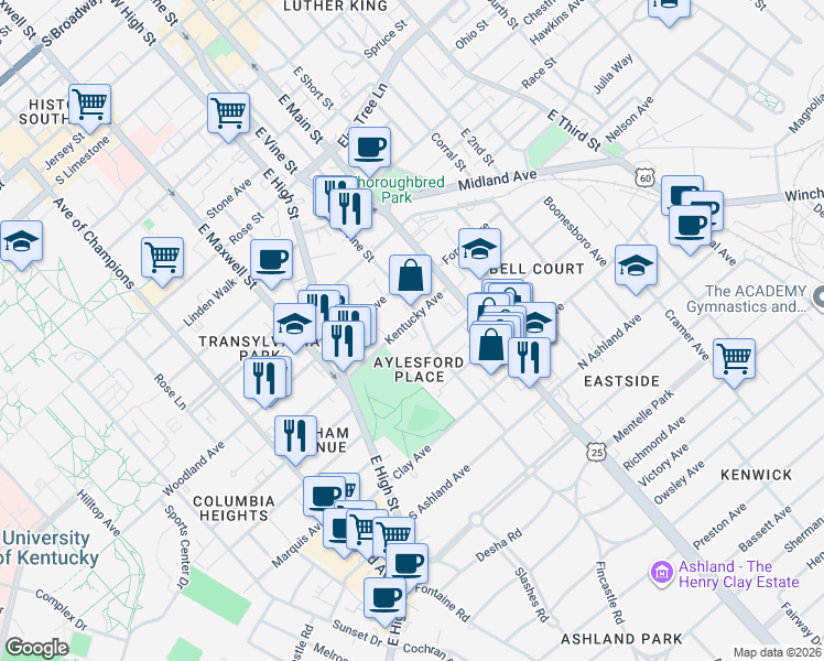 map of restaurants, bars, coffee shops, grocery stores, and more near 147 Old Park Avenue in Lexington