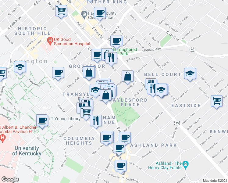 map of restaurants, bars, coffee shops, grocery stores, and more near 176 Woodland Avenue in Lexington