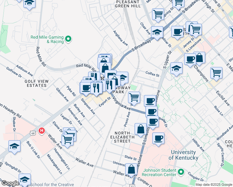 map of restaurants, bars, coffee shops, grocery stores, and more near 325 Old Virginia Avenue in Lexington