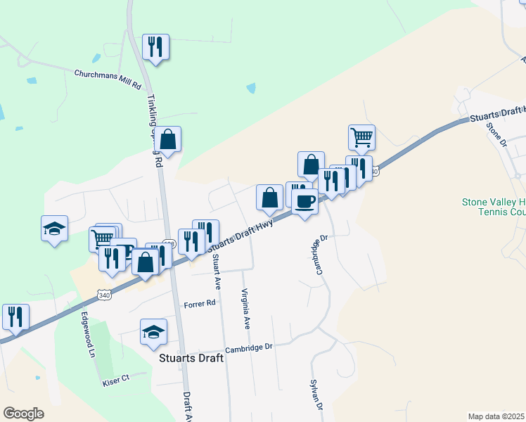 map of restaurants, bars, coffee shops, grocery stores, and more near 2814 Stuarts Draft Highway in Stuarts Draft